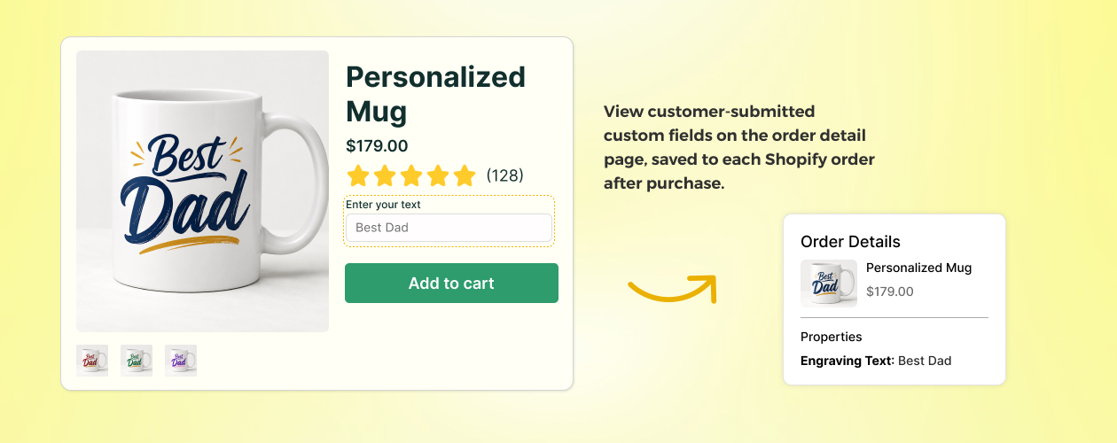 A live Shopify product page with a custom field added using MPO