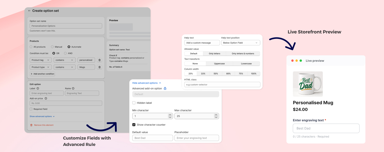 Configuring a custom field's settings in MPO, including price add-ons
