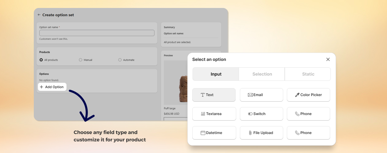 Creating a new custom field and choosing a field type in MPO