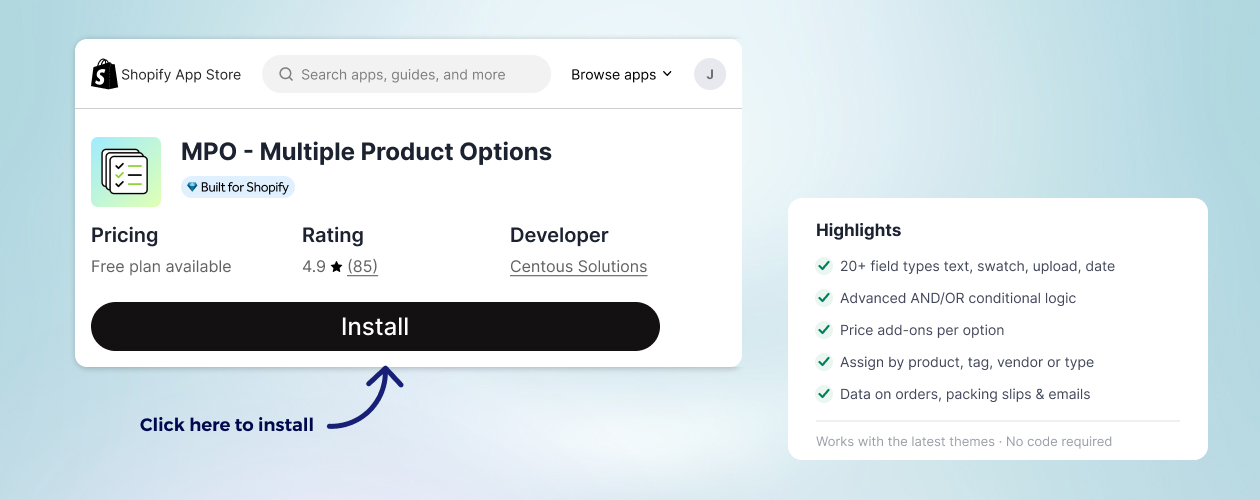 Installing MPO Multiple Product Options from the Shopify App Store