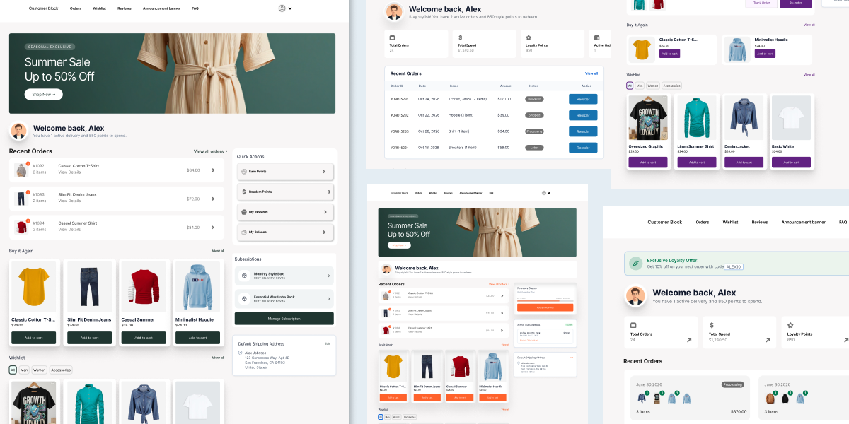 Accofy Premium dashboard with promotional banner and rewards status on Shopify Plus customer account extensions