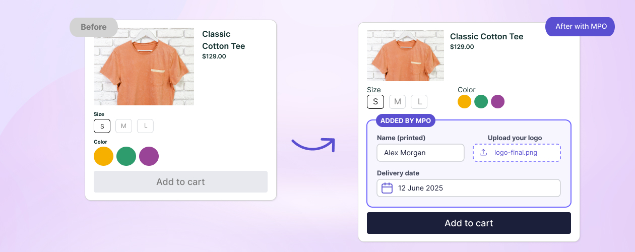 Shopify product page before and after adding custom fields with MPO