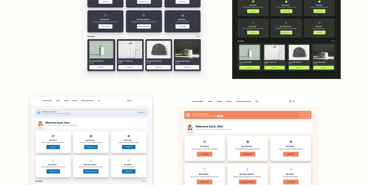 Accofy Standard dashboard in four color themes for Shopify customer accounts 