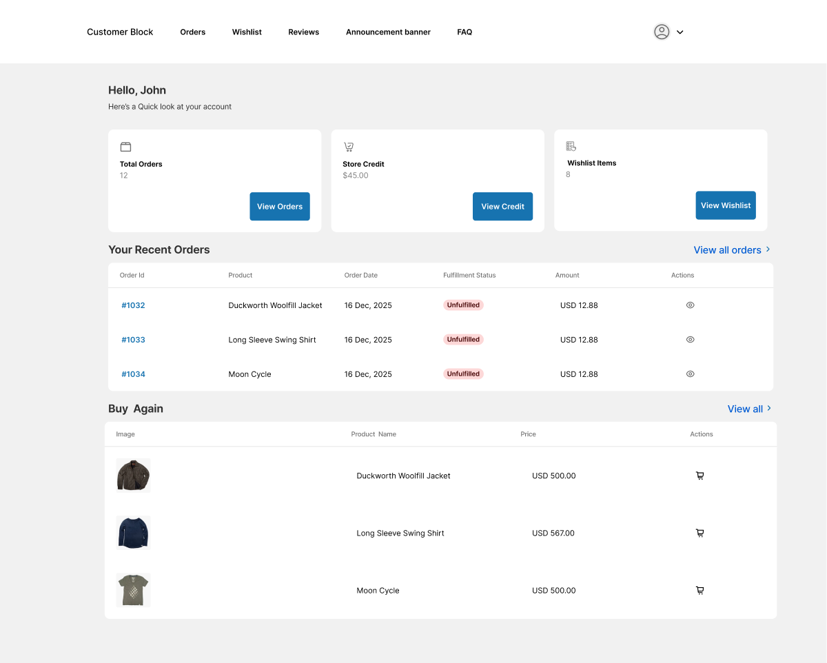 Accofy Classic dashboard with recent orders, buy again, and wishlist on Shopify customer account extensions